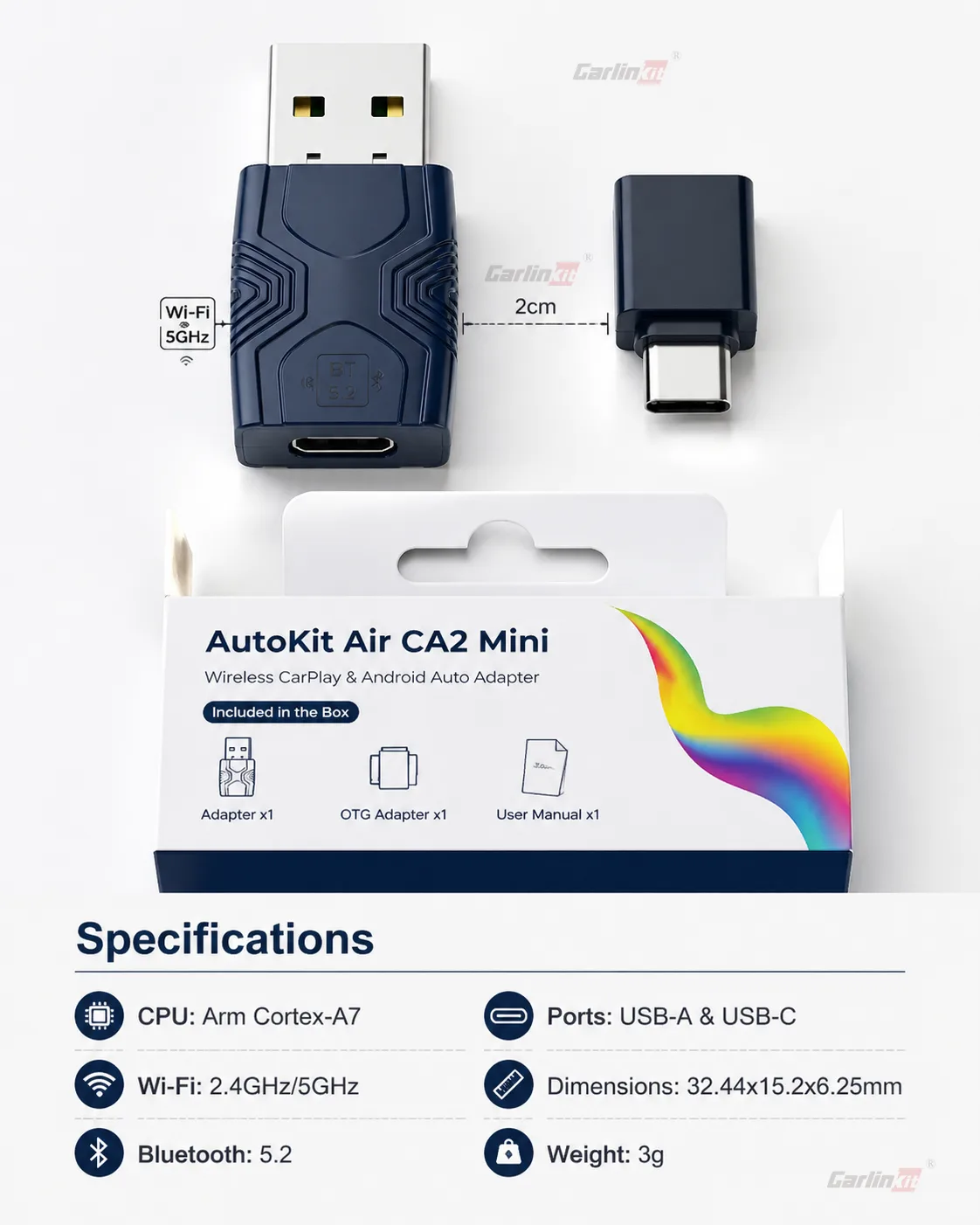 Carlinkit AutoKit Air CA2 Mini Wireless CarPlay & Android Auto Adapter - Specifications & Package Contents