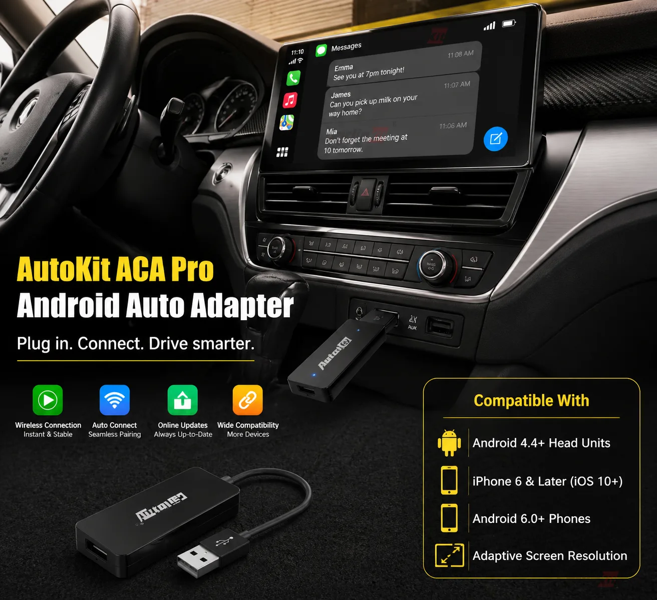 Carlinkit AutoKit ACA Pro Wireless CarPlay & Android Auto Adapter - Wide Compatibility with Android Head Units & Phones