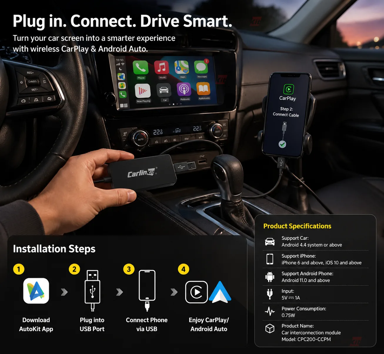 Carlinkit AutoKit ACA Pro Wireless CarPlay & Android Auto Adapter - Plug & Play Installation in Seconds