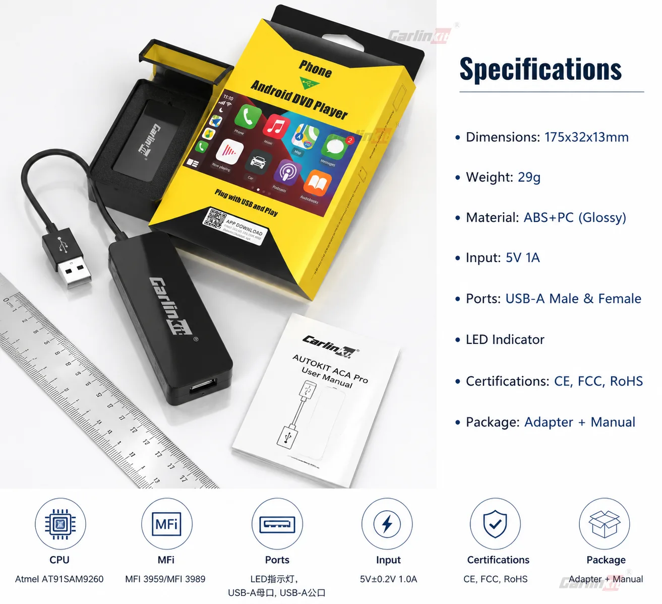 Carlinkit AutoKit ACA Pro Wireless CarPlay & Android Auto Adapter - Technical Specifications & Package Contents