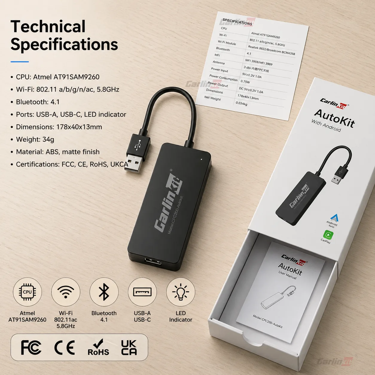 Carlinkit AutoKit ACA SE Wireless CarPlay & Android Auto Adapter - Technical Specifications