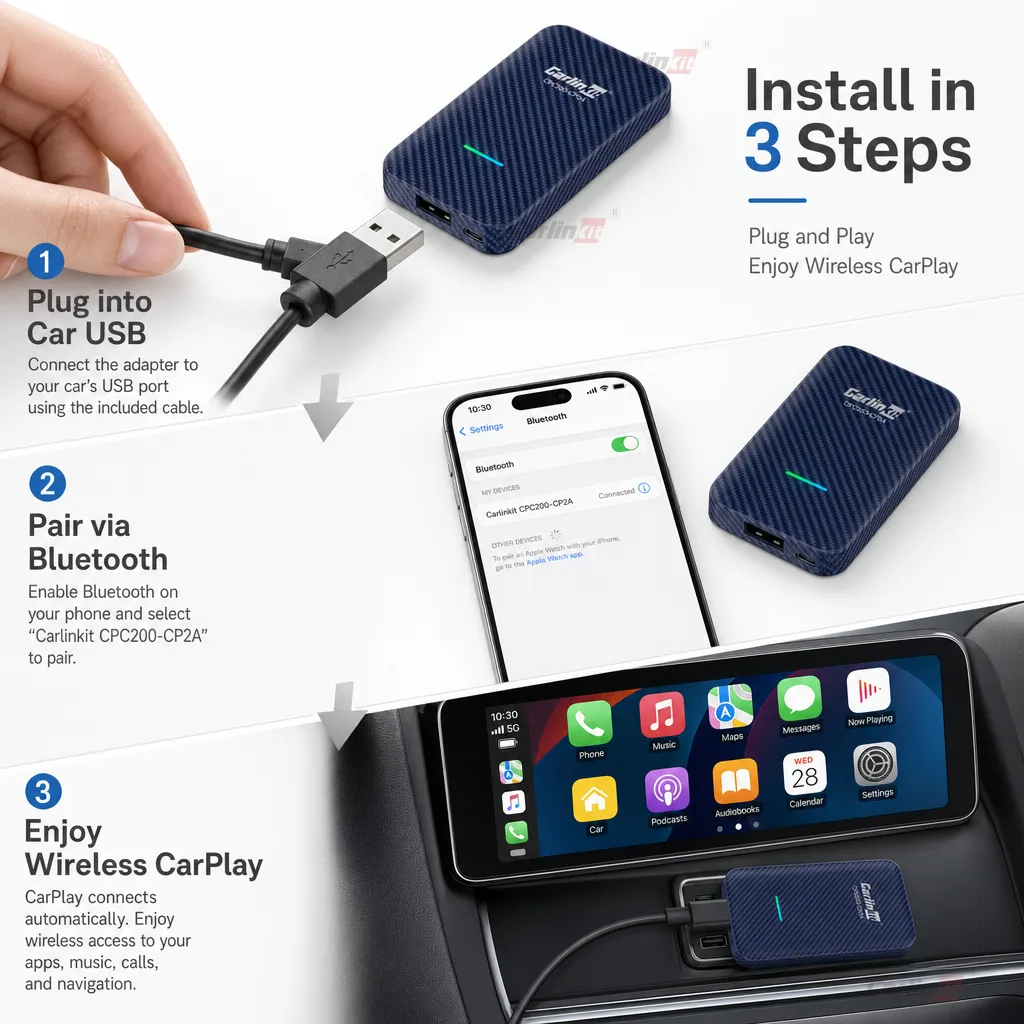 Carlinkit AutoKit Link CA Pro Wireless CarPlay & Android Auto Adapter - Simple Installation