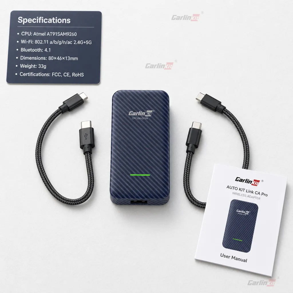 Carlinkit AutoKit Link CA Pro Wireless CarPlay & Android Auto Adapter - Specifications & Package Contents