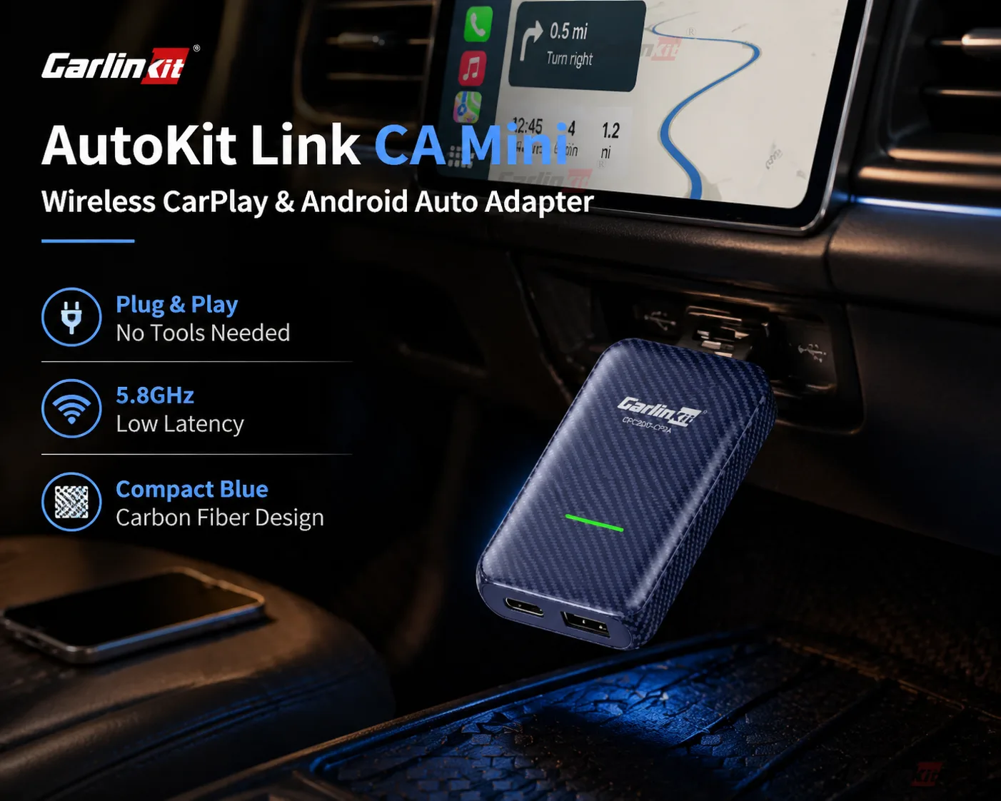 Carlinkit AutoKit Link CA Mini Wireless CarPlay & Android Auto Adapter - Wireless Freedom for Your Wired CarPlay