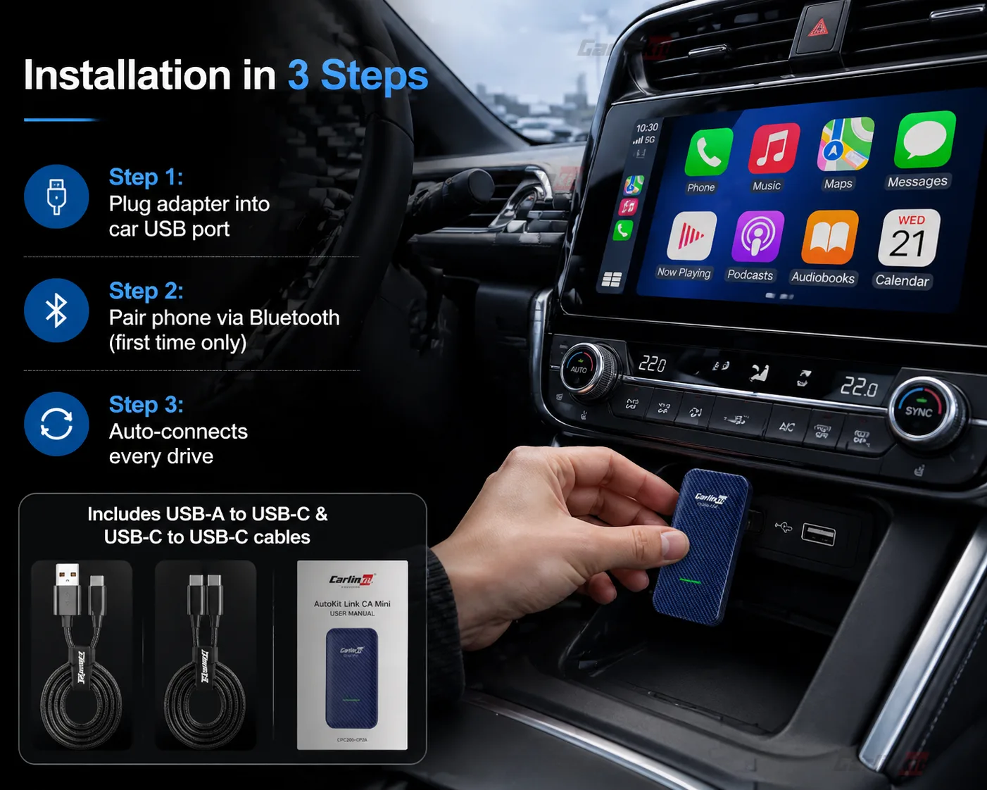 Carlinkit AutoKit Link CA Mini Wireless CarPlay & Android Auto Adapter - Simple 3-Step Installation
