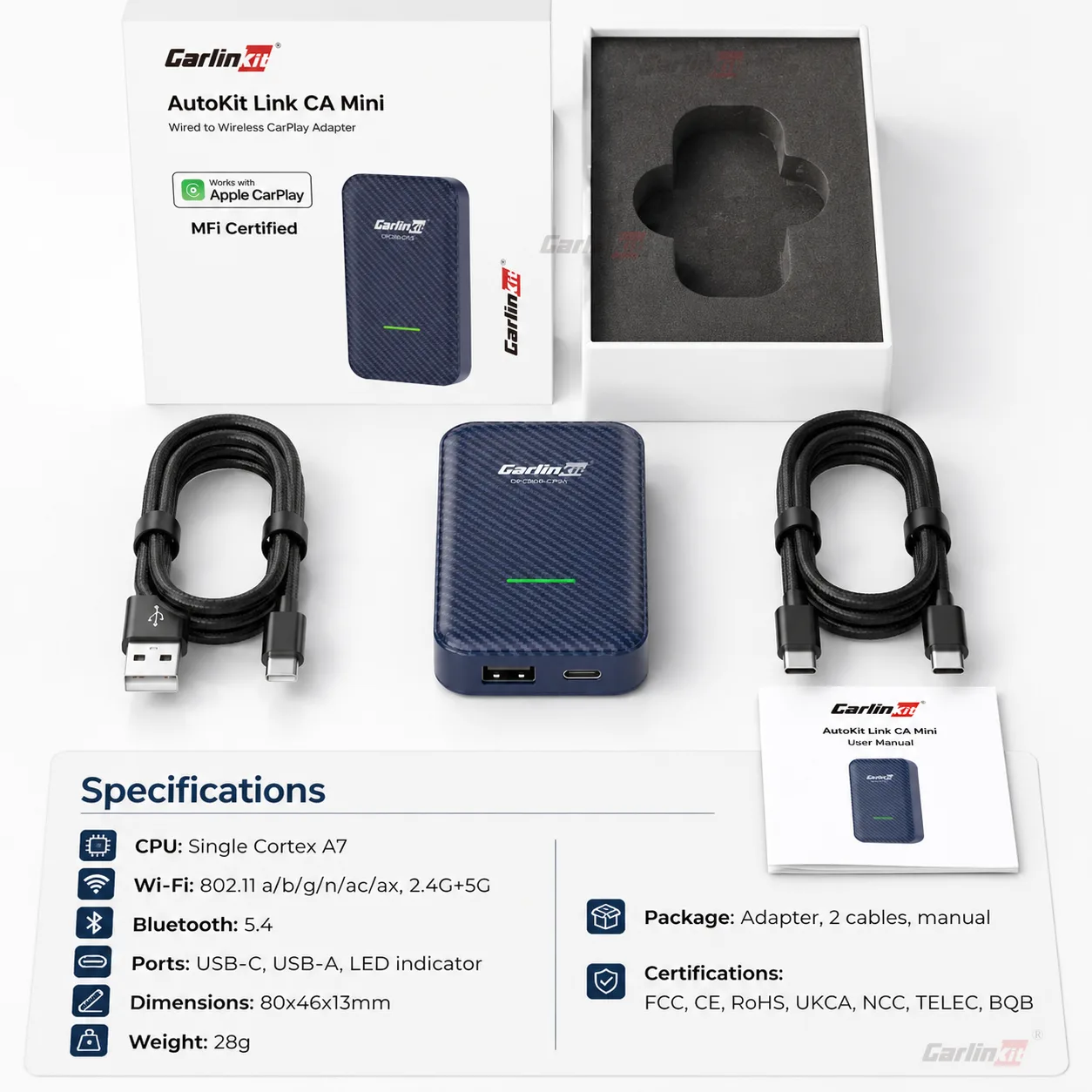 Carlinkit AutoKit Link CA Mini Wireless CarPlay & Android Auto Adapter - Specifications & Package Contents