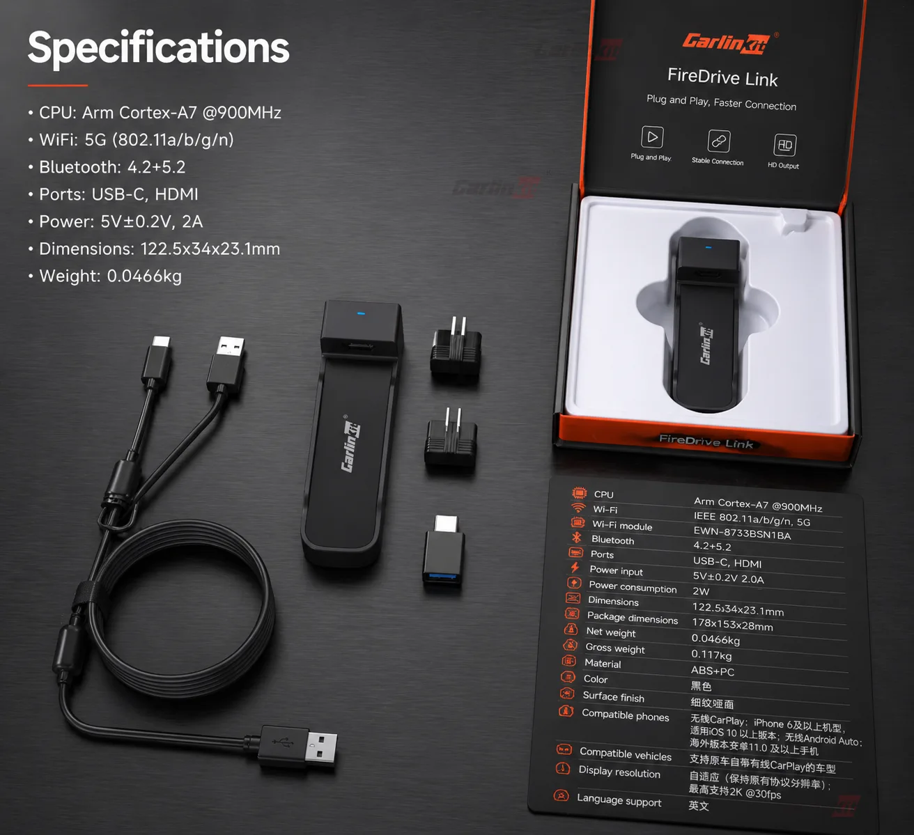 Carlinkit AutoKit Link CAHD SE Wireless CarPlay & Android Auto Adapter - Technical Specifications & Package Contents