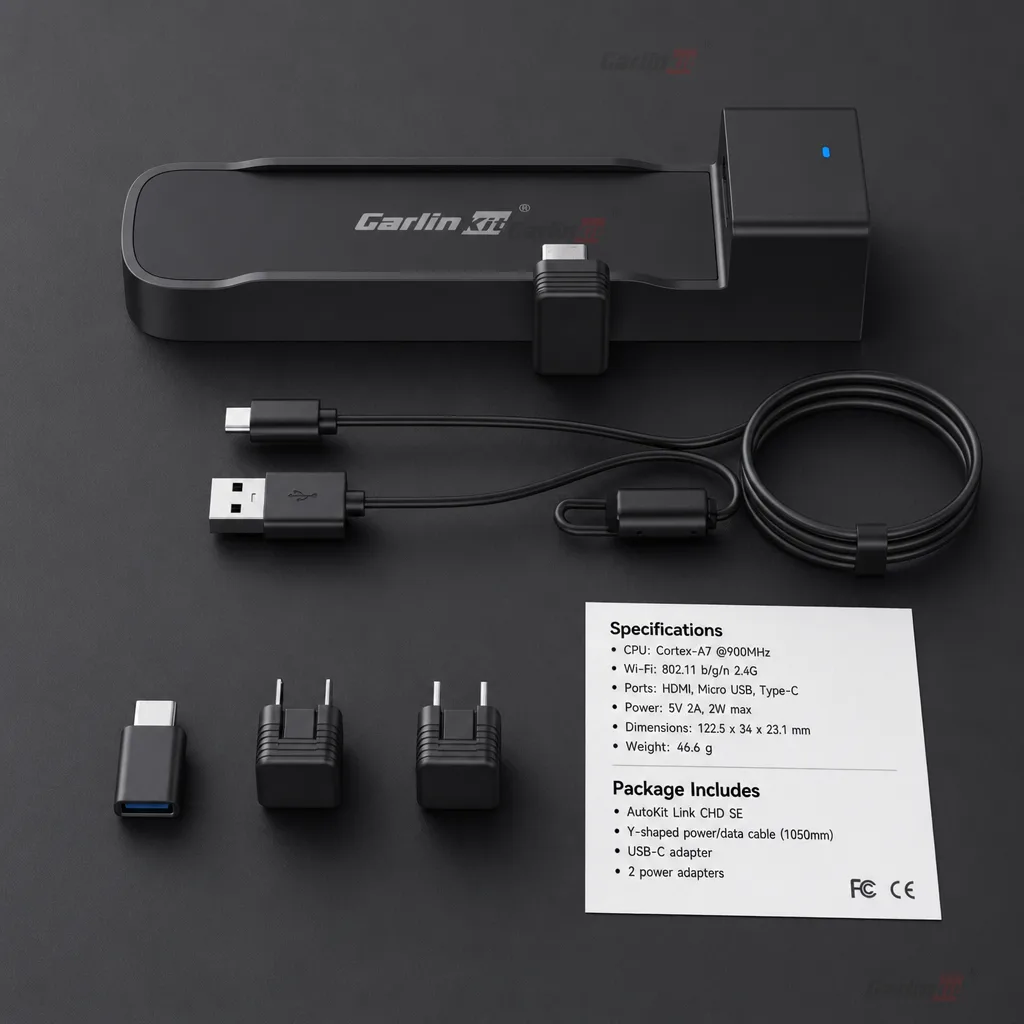 Carlinkit AutoKit Link CHD SE Wireless CarPlay & Android Auto Adapter - Specifications & Package Contents