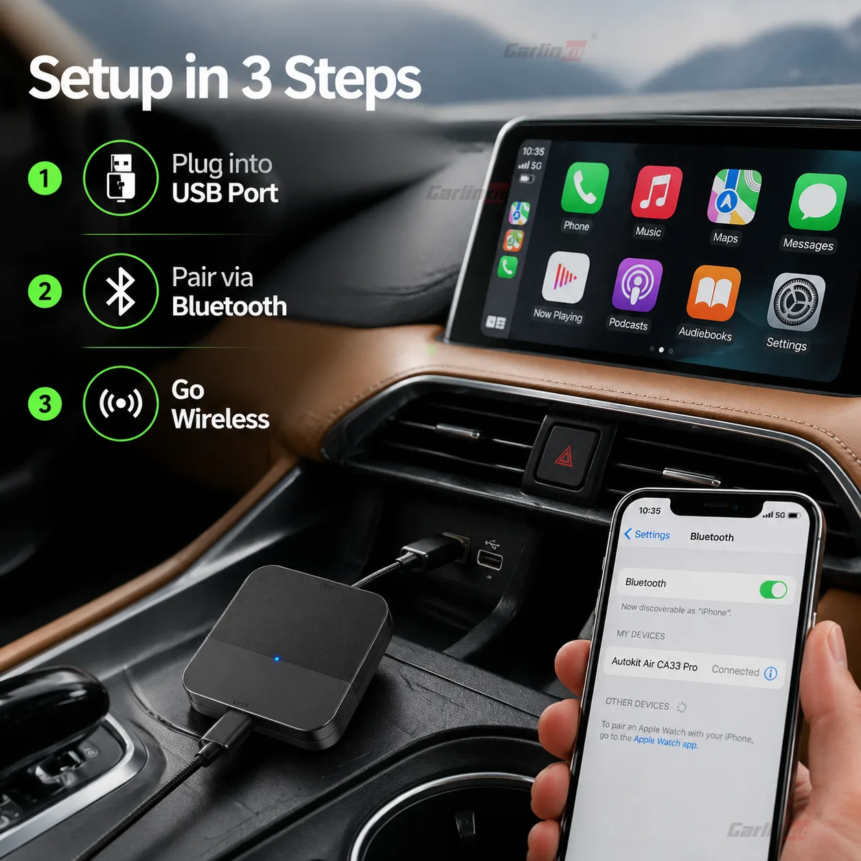 Carlinkit AutoKit Air CA33 Pro Wireless CarPlay & Android Auto Adapter - Simple 3-Step Setup