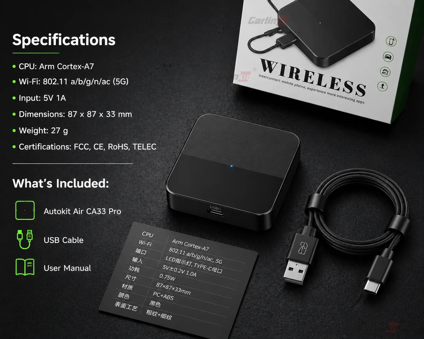 Carlinkit AutoKit Air CA33 Pro Wireless CarPlay & Android Auto Adapter - Specifications & What's Included
