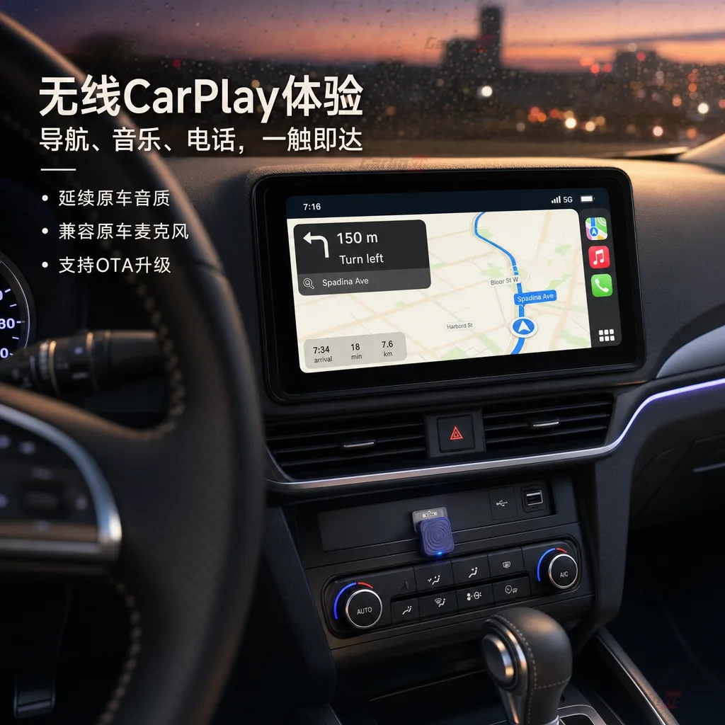 Carlinkit AutoKit Air CA1 Mini Wireless CarPlay & Android Auto Adapter - 使用场景:无线CarPlay导航与音乐