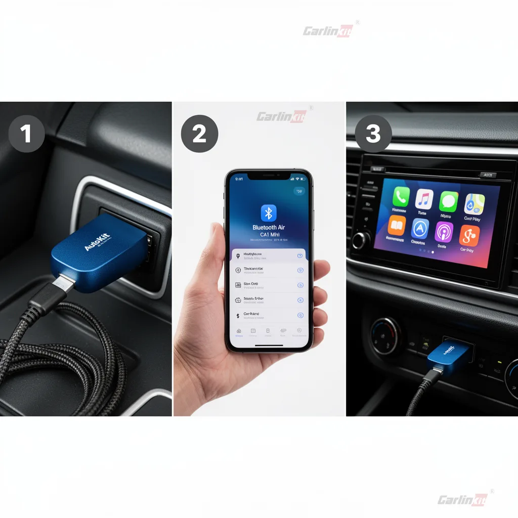 Carlinkit AutoKit Air CA1 Mini Wireless CarPlay & Android Auto Adapter - 安装步骤:三步完成