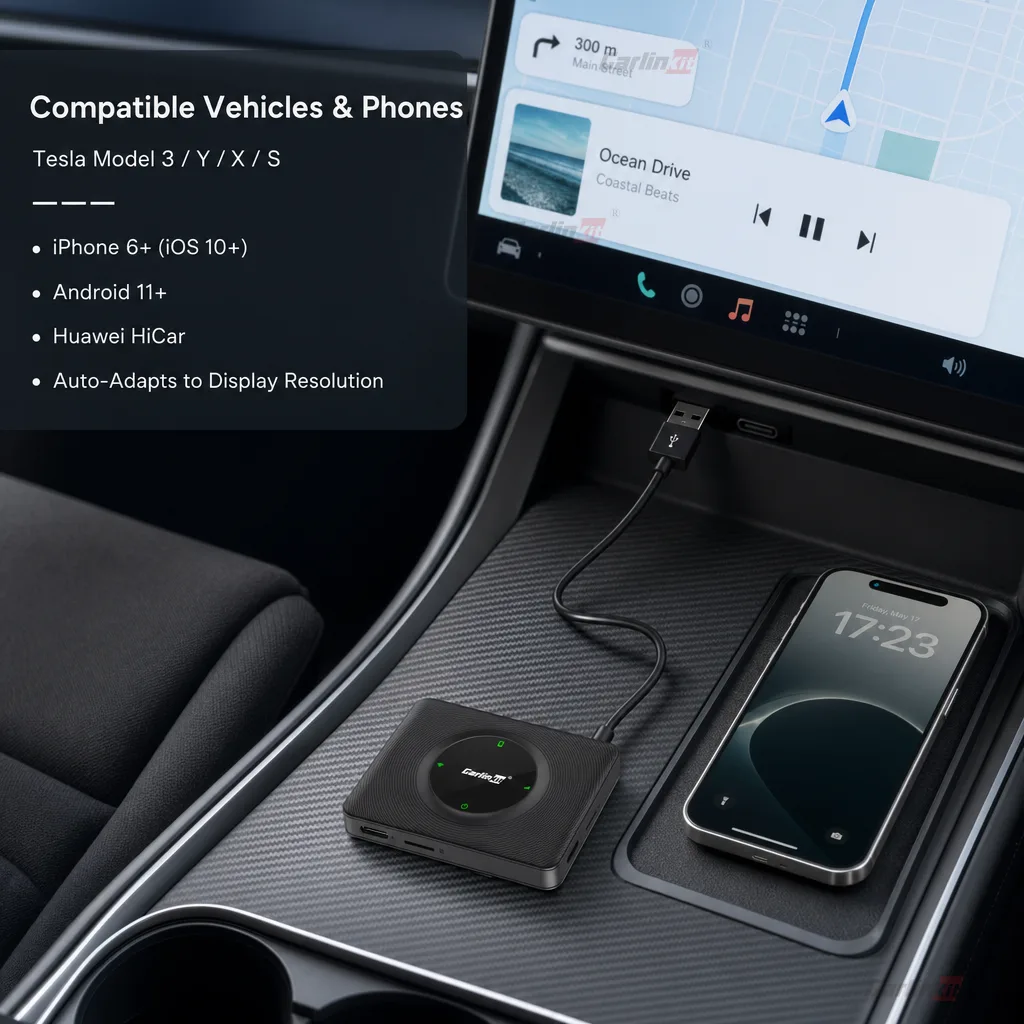 Carlinkit AutoKit T2C Wireless CarPlay & Android Auto Adapter for Tesla Model 3 Y X S - Compatible with Your Tesla & Phone