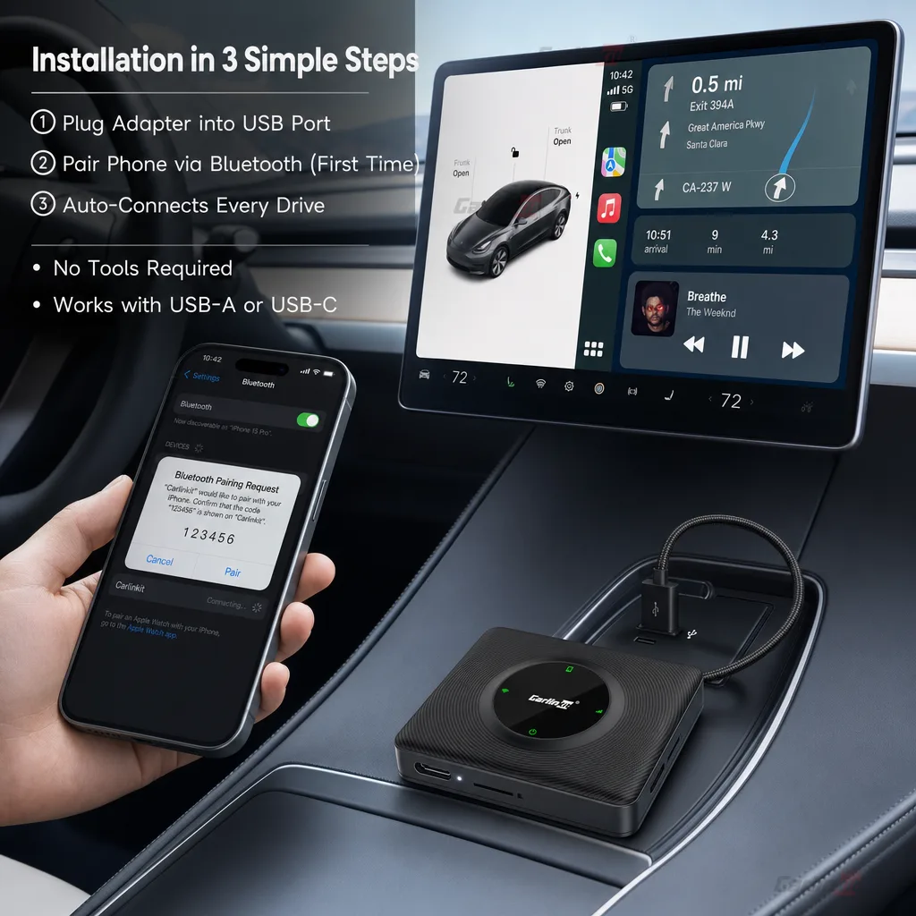 Carlinkit AutoKit T2C Wireless CarPlay & Android Auto Adapter for Tesla Model 3 Y X S - Simple Installation – Just Plug and Play