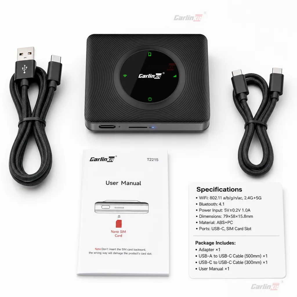 Carlinkit AutoKit T2C Wireless CarPlay & Android Auto Adapter for Tesla Model 3 Y X S - Specifications & Package Contents