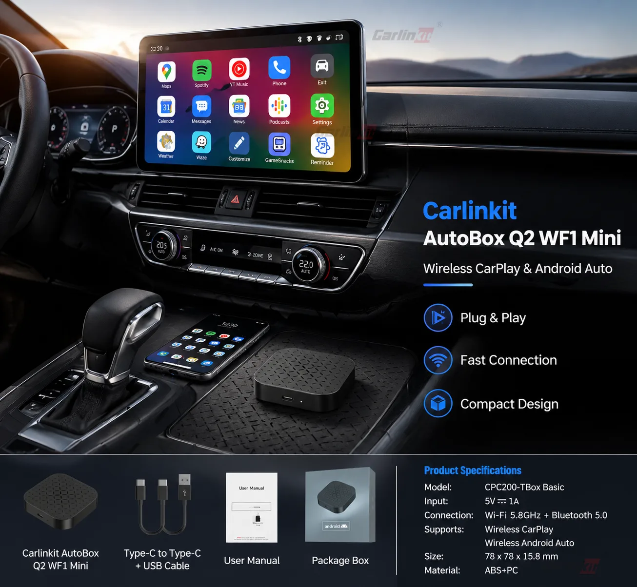 Carlinkit AutoBox Q2 WF1 Mini Wireless CarPlay & Android Auto Adapter - Wireless CarPlay & Android Auto Adapter