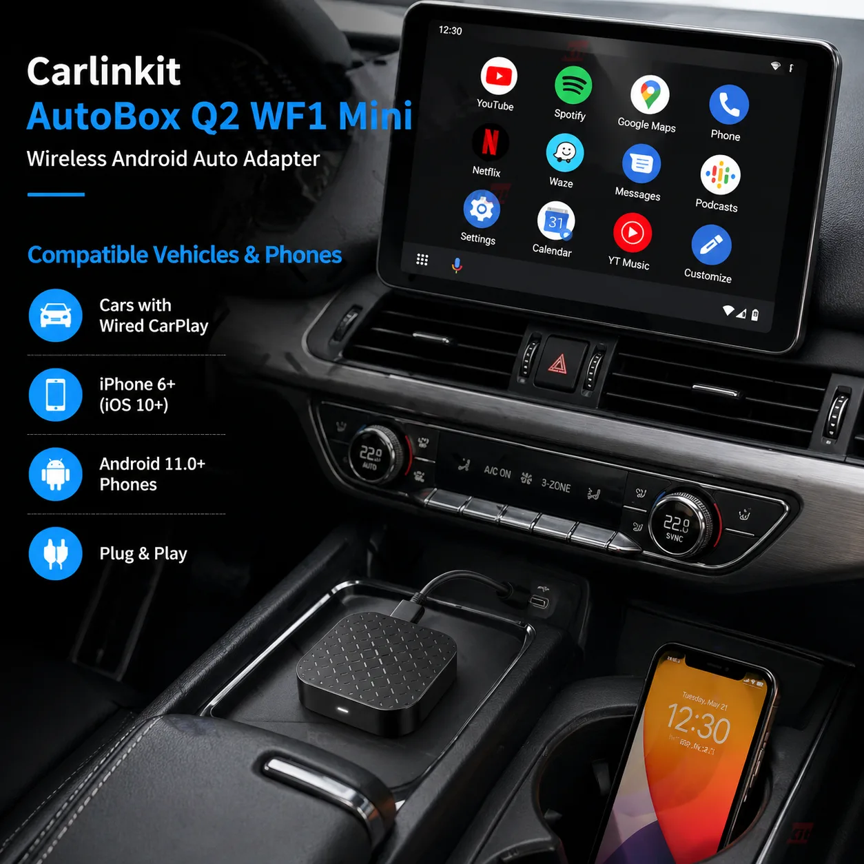 Carlinkit AutoBox Q2 WF1 Mini Wireless CarPlay & Android Auto Adapter - Wide Compatibility