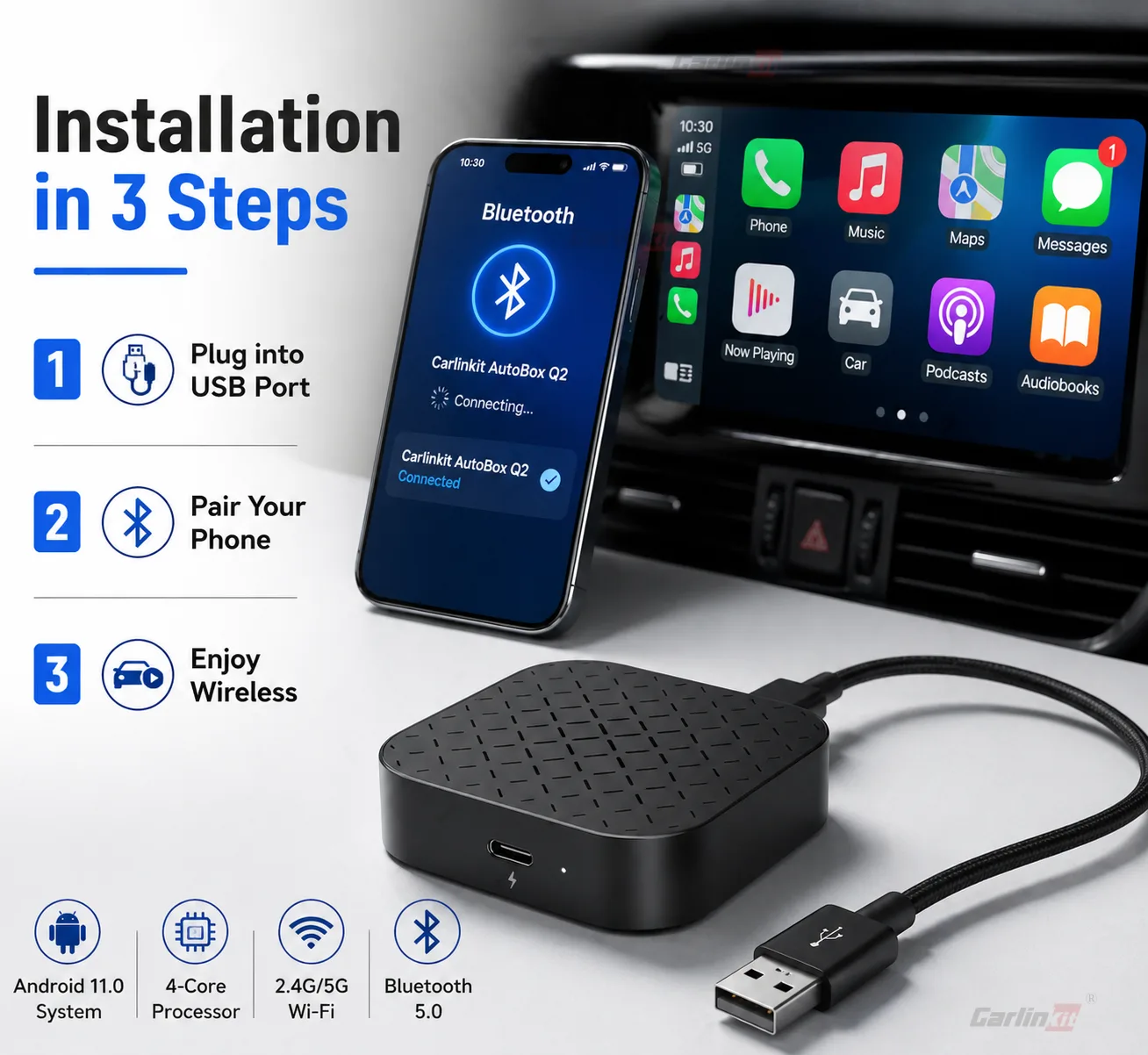 Carlinkit AutoBox Q2 WF1 Mini Wireless CarPlay & Android Auto Adapter - Simple Plug & Play Installation