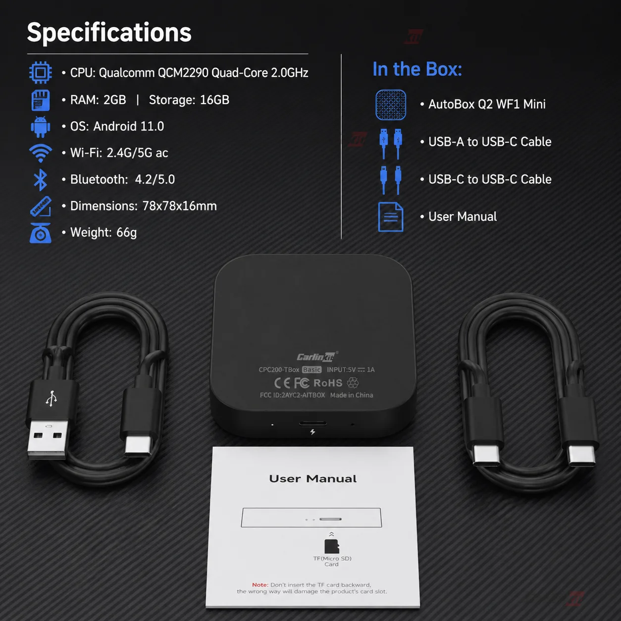 Carlinkit AutoBox Q2 WF1 Mini Wireless CarPlay & Android Auto Adapter - Specifications & In the Box