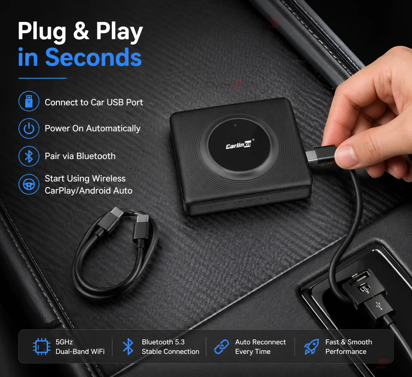 Carlinkit AutoBox Q1 A Plus 无线 CarPlay Android Auto 适配器 - Simple Plug & Play Installation