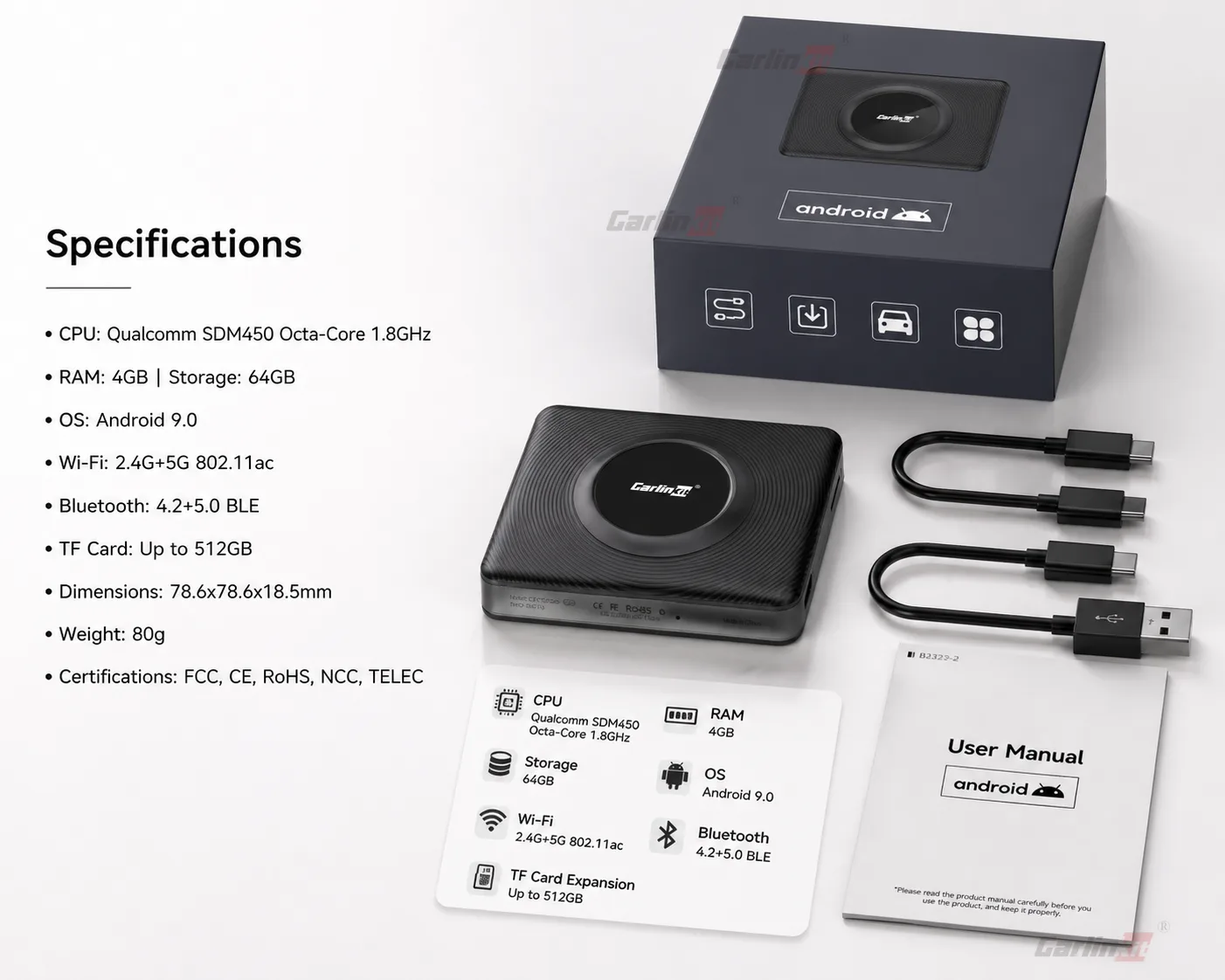 Carlinkit AutoBox Q1 A Plus 无线 CarPlay Android Auto 适配器 - Specifications & Package Contents