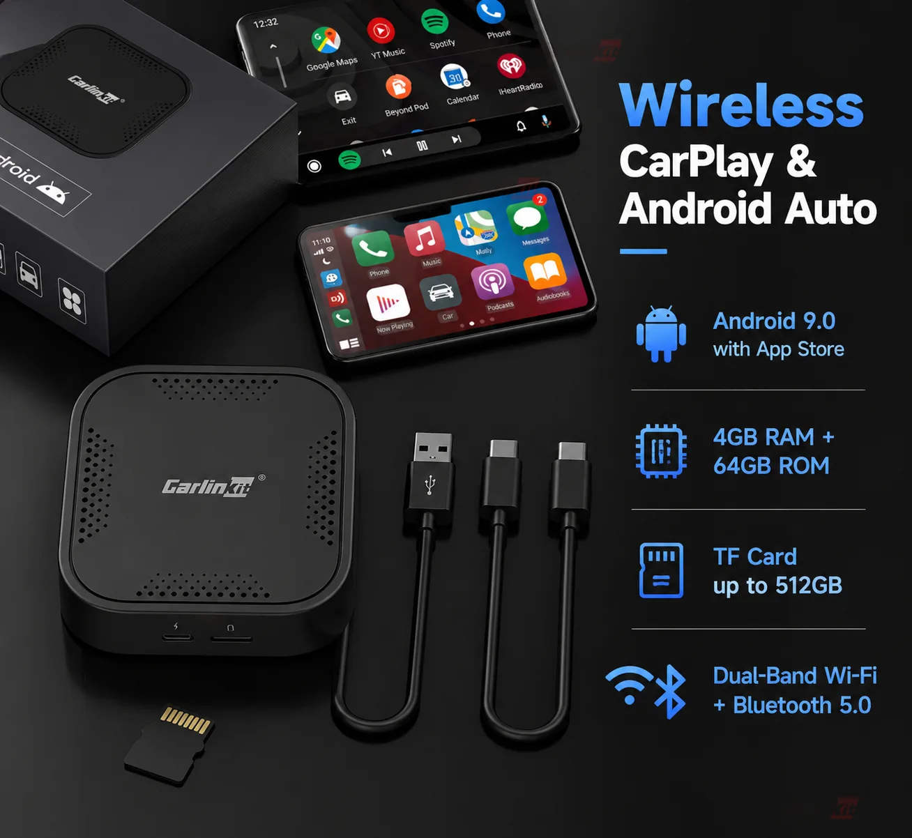 Carlinkit AutoBox Q1 B Plus Wireless CarPlay & Android Auto Adapter - Key Features
