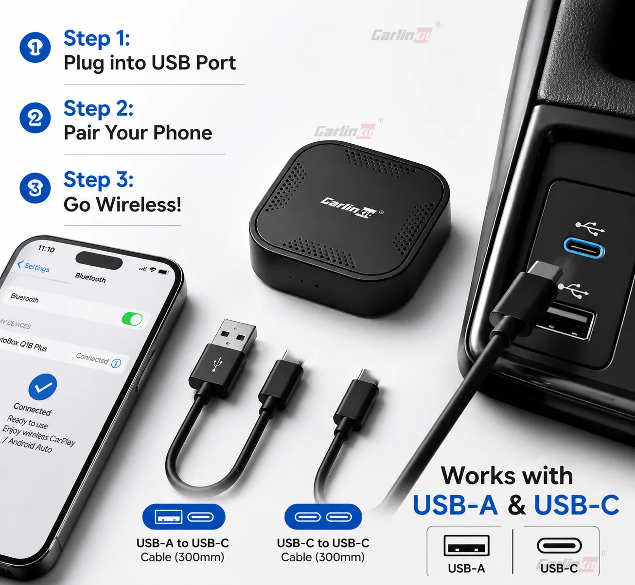 Carlinkit AutoBox Q1 B Plus Wireless CarPlay & Android Auto Adapter - Easy Plug-and-Play Setup