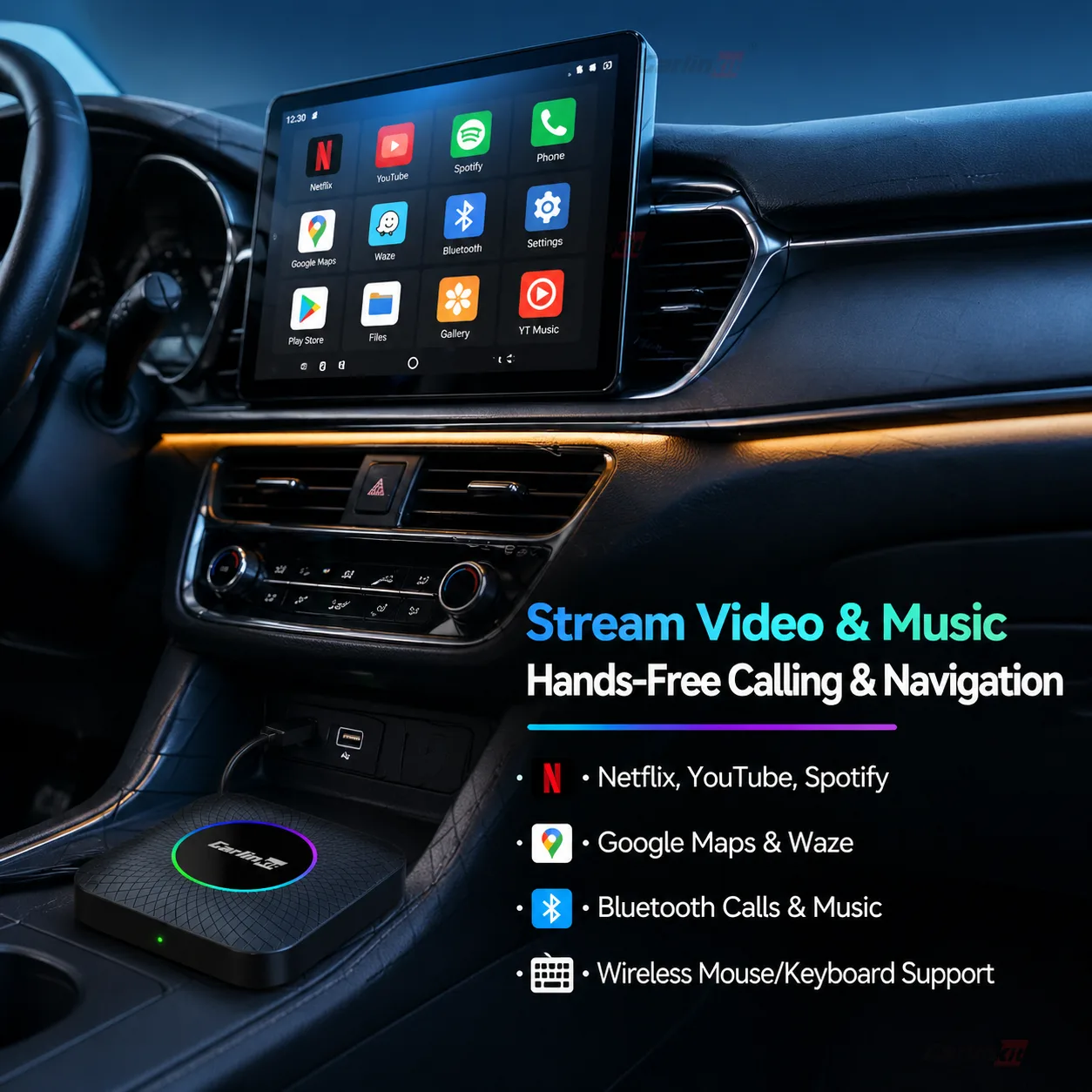 Carlinkit AutoBox Pro Ambient Wireless CarPlay & Android Auto Dongle - Enjoy Video, Music & Apps on the Road
