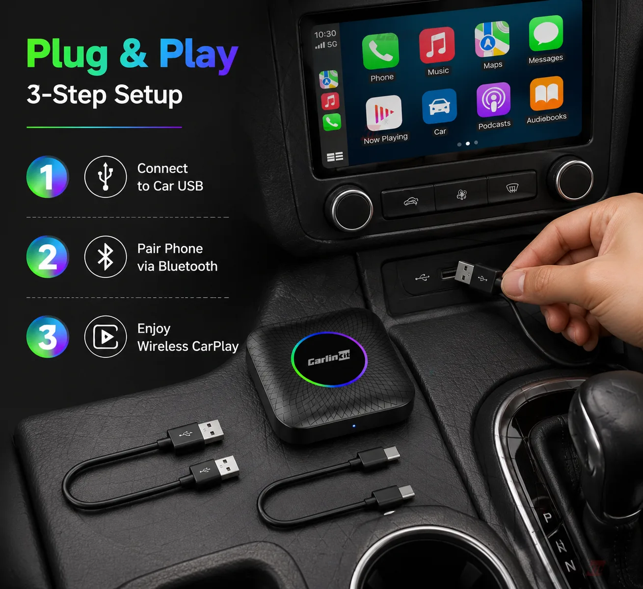 Carlinkit AutoBox Pro Ambient Wireless CarPlay & Android Auto Dongle - Plug & Play Setup in Seconds