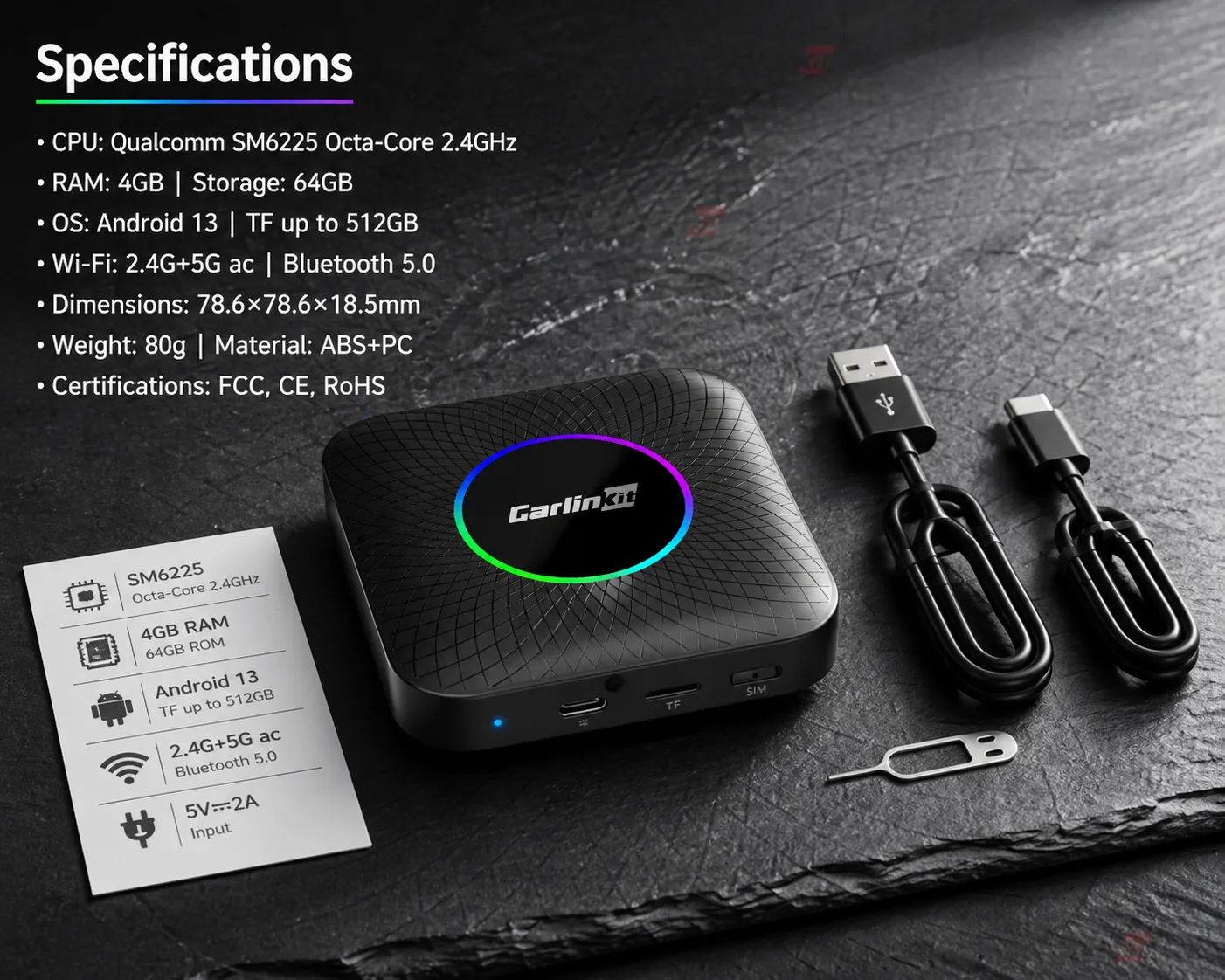 Carlinkit AutoBox Pro Ambient Wireless CarPlay & Android Auto Dongle - Full Specifications & Package Contents
