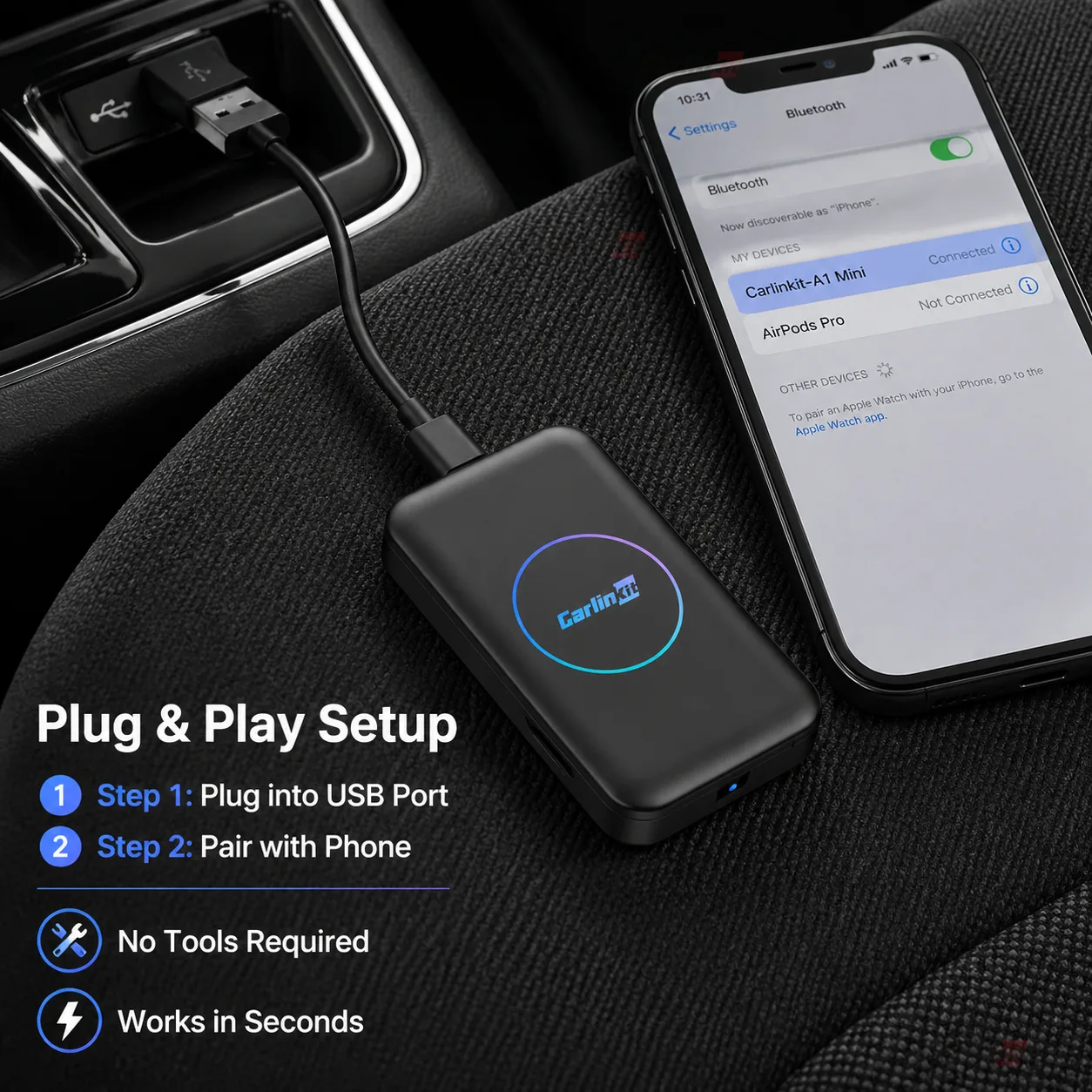 Carlinkit AutoBox A1 Mini Wireless CarPlay & Android Auto Adapter - Simple Plug & Play Setup