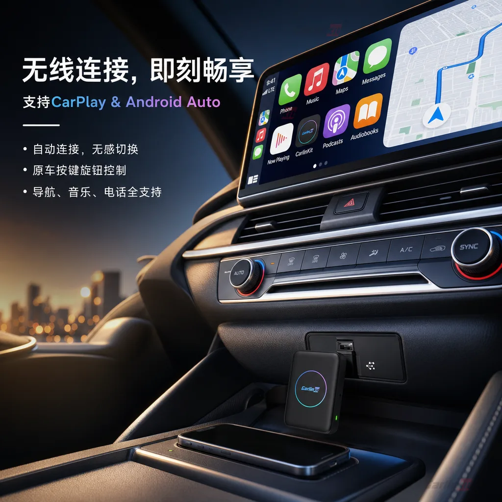 Carlinkit AutoBox R1 Mini HD 无线 CarPlay Android Auto 适配器 - 核心卖点:无线CarPlay & Android Auto