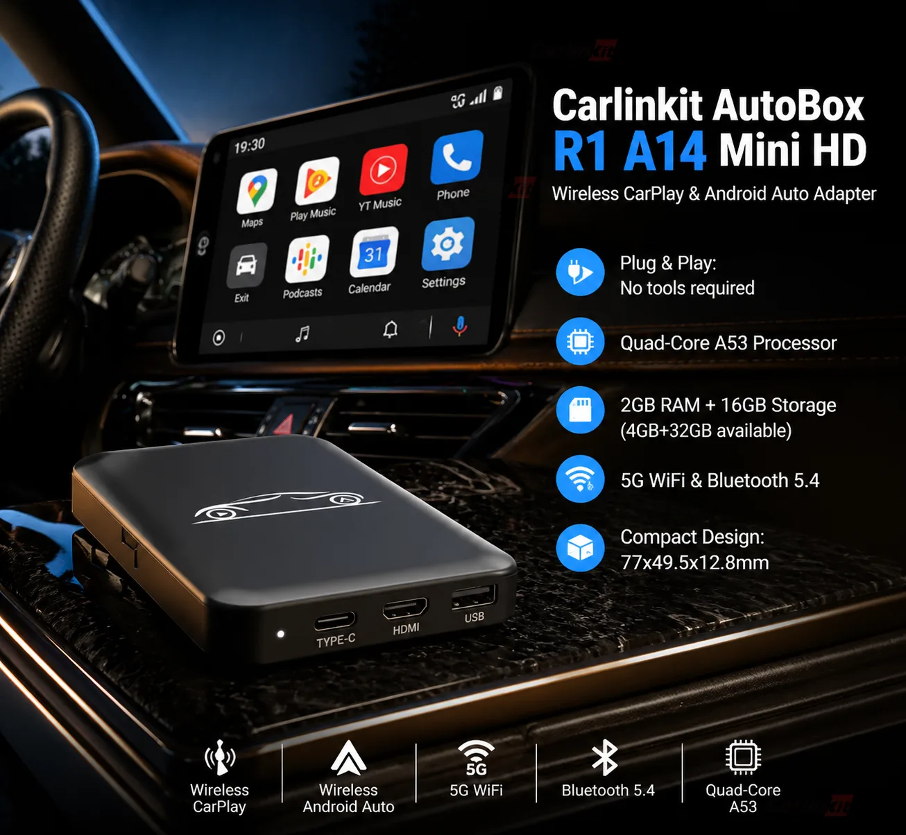 Carlinkit AutoBox R1 A14 Mini HD Wireless CarPlay & Android Auto Adapter - Wireless CarPlay & Android Auto Adapter