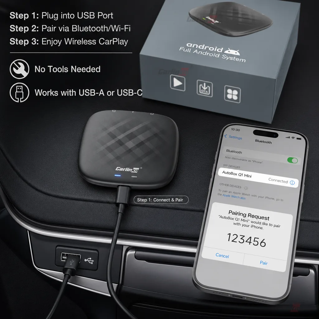 Carlinkit AutoBox Q1 Mini Wireless CarPlay Android Auto Adapter - Simple Plug-and-Play Installation