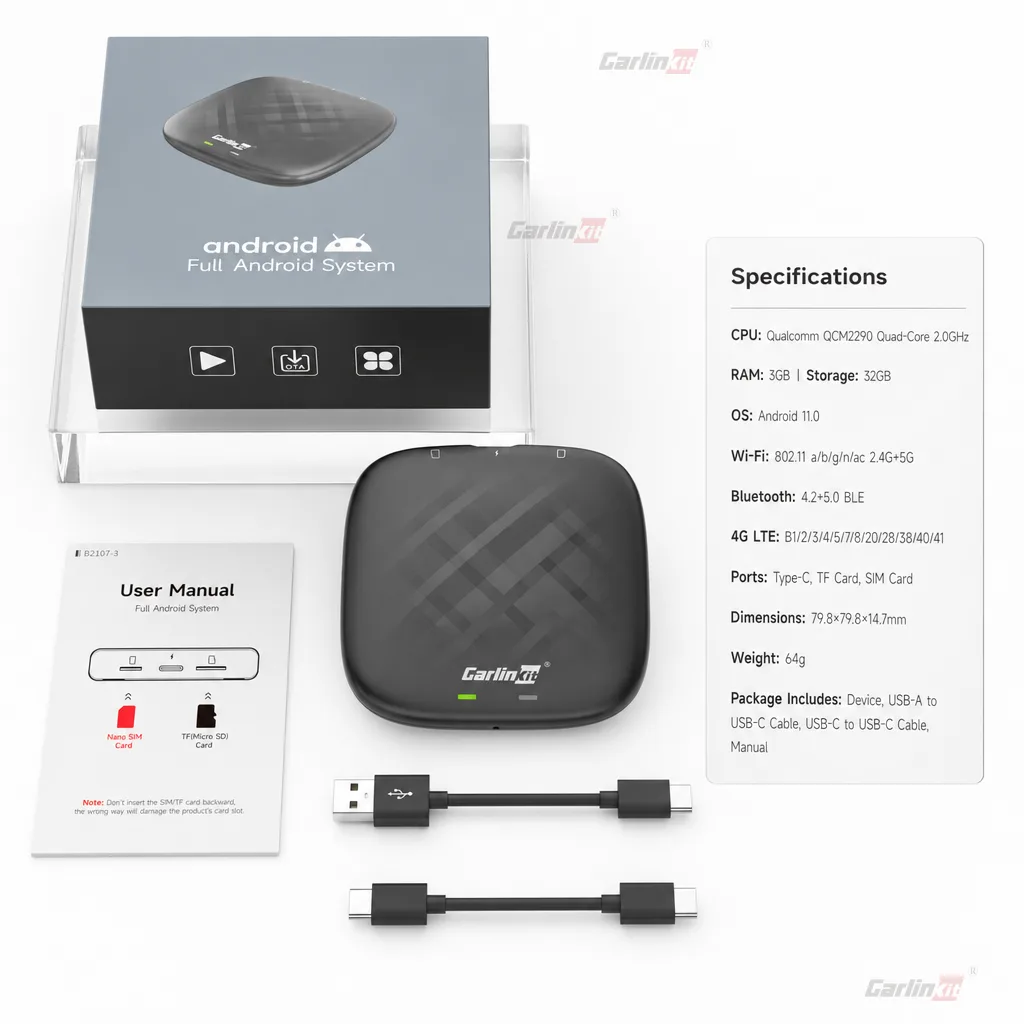 Carlinkit AutoBox Q1 Mini Wireless CarPlay Android Auto Adapter - Specifications & Package Contents
