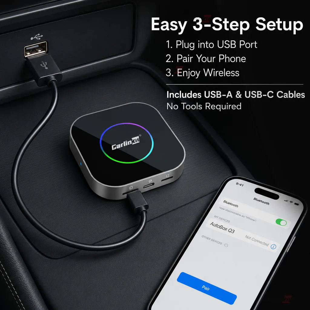 Carlinkit AutoBox Q3 B Plus Wireless CarPlay & Android Auto Adapter - Plug & Play Setup
