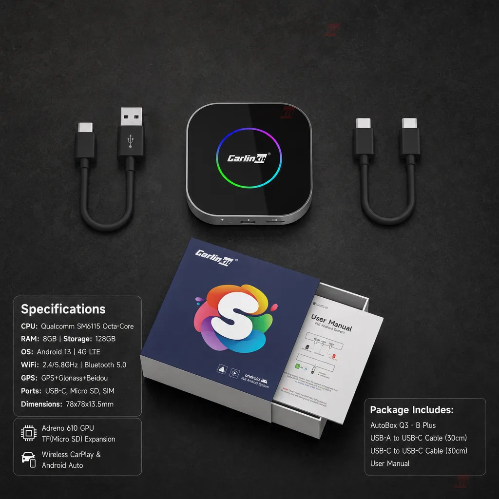 Carlinkit AutoBox Q3 B Plus Wireless CarPlay & Android Auto Adapter - Specifications & Package Contents