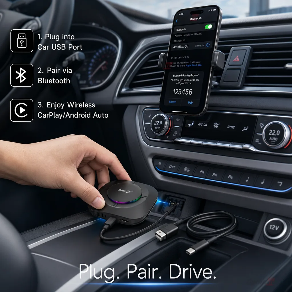 Carlinkit AutoBox Q3 P Plus Wireless CarPlay & Android Auto Adapter - Plug and Play Installation in Seconds