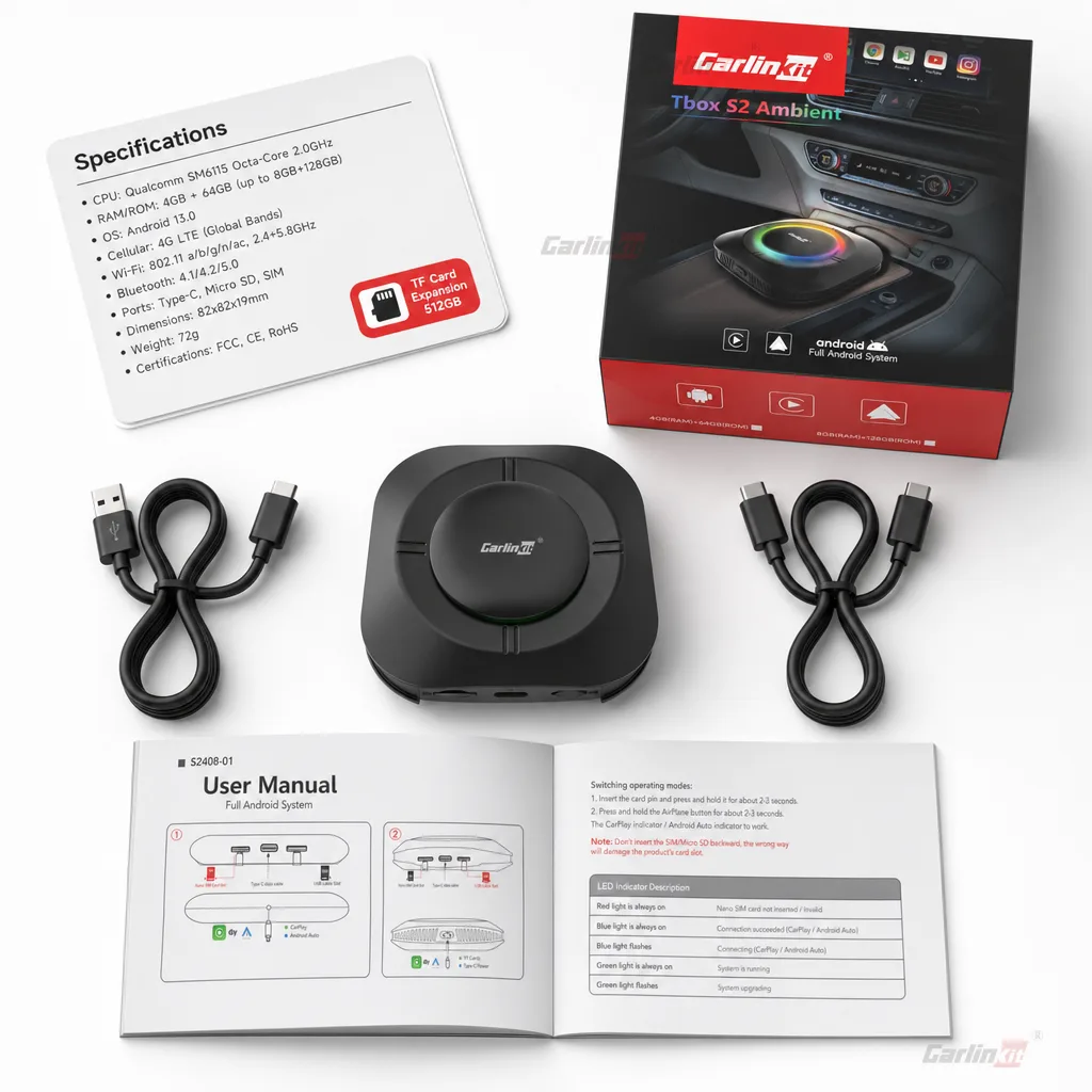 Carlinkit AutoBox Q3 P Plus Wireless CarPlay & Android Auto Adapter - Specifications and Package Contents