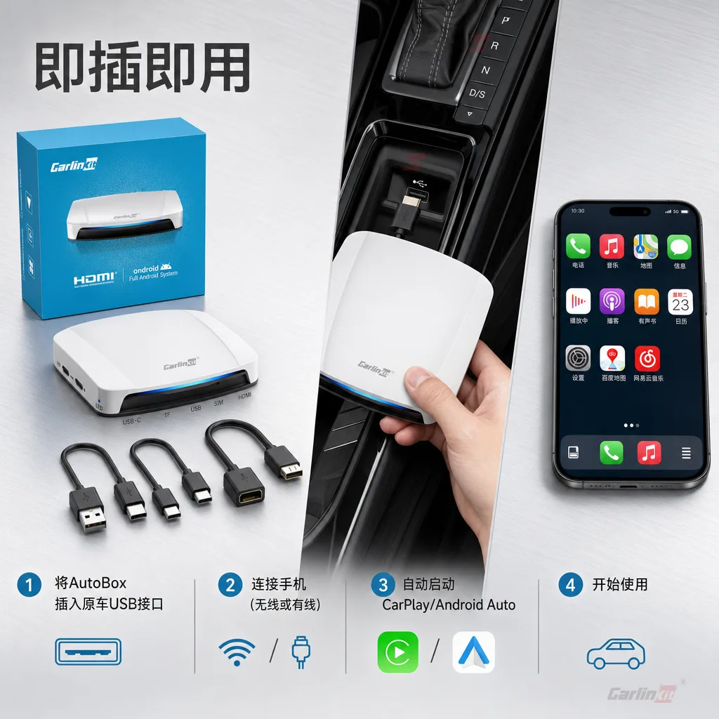 Carlinkit AutoBox Q6 Pro HD 无线 CarPlay & Android Auto 适配器 - 安装步骤