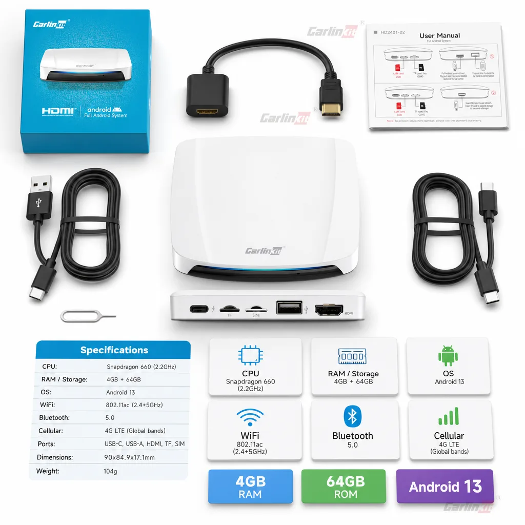 Carlinkit AutoBox Q6 Pro HD Wireless CarPlay & Android Auto Adapter - Specifications & Package Contents
