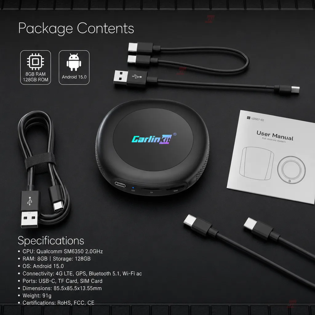 Carlinkit AutoBox Q7 Ultra2 Wireless CarPlay & Android Auto Adapter - Specifications & Package Contents