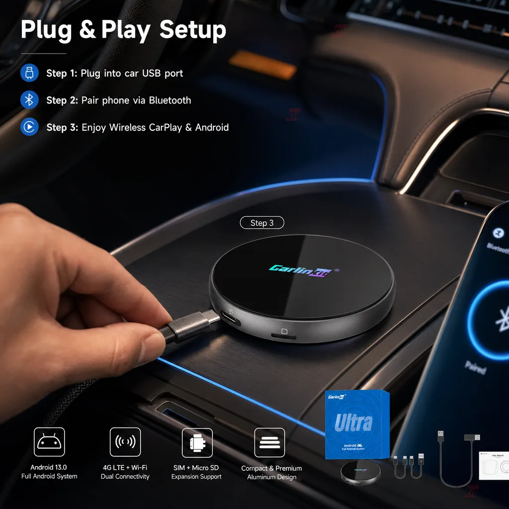Carlinkit AutoBox Q7 Ultra4 Wireless CarPlay & Android Auto Adapter with 5G - Simple Plug & Play Installation