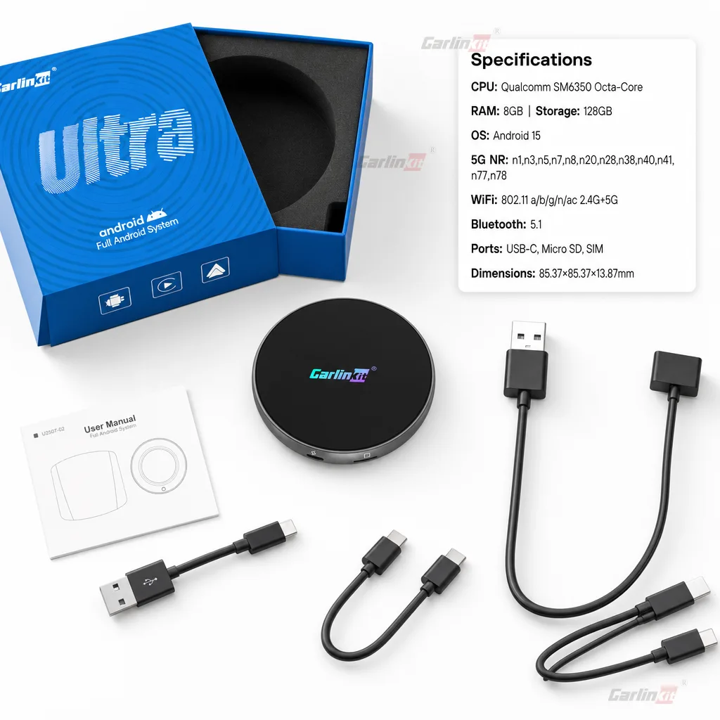 Carlinkit AutoBox Q7 Ultra4 Wireless CarPlay & Android Auto Adapter with 5G - Specifications & Package Contents