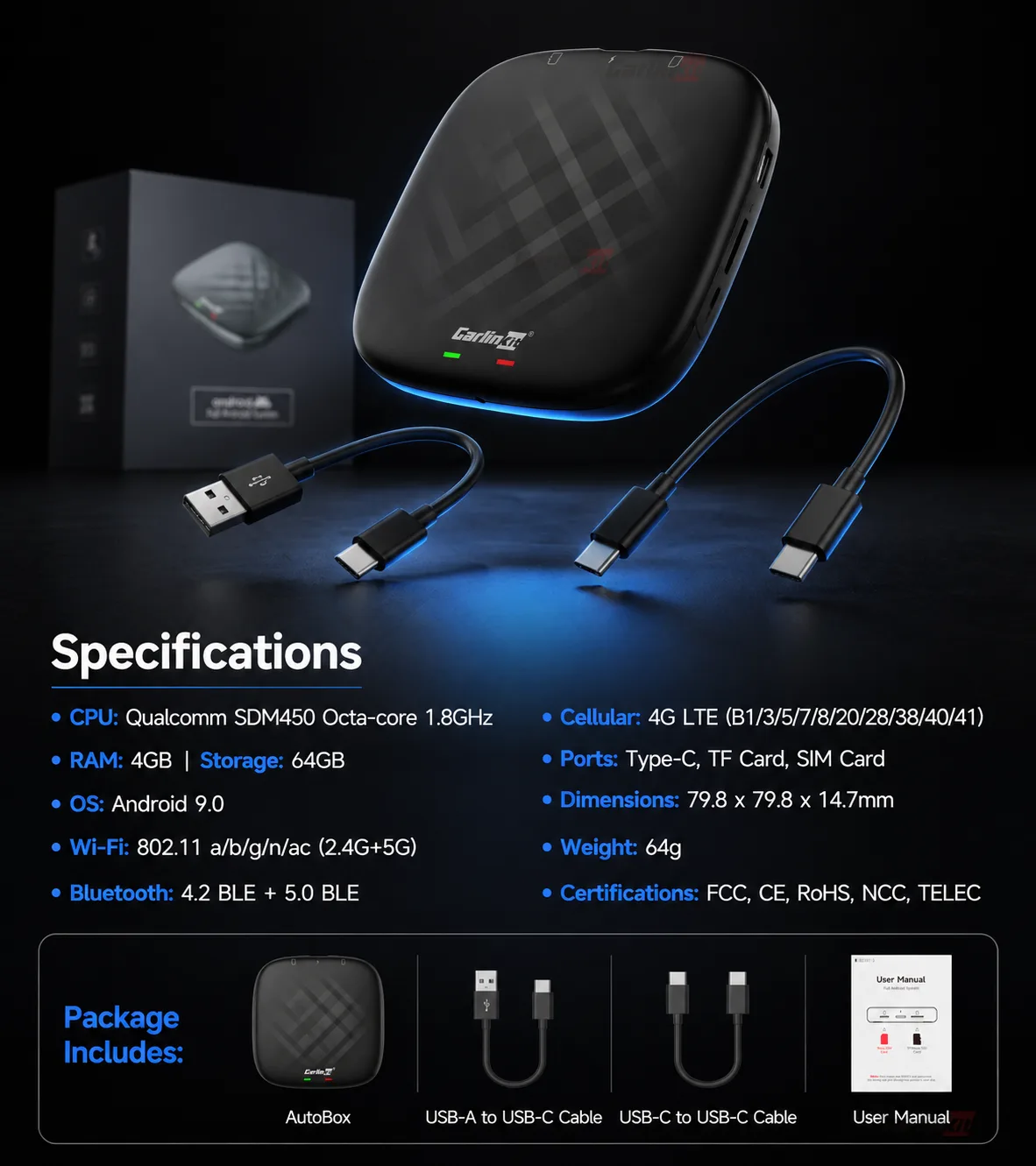 Carlinkit AutoBox Q1 Plus Wireless CarPlay & Android Auto Adapter - Technical Specifications & Package Contents