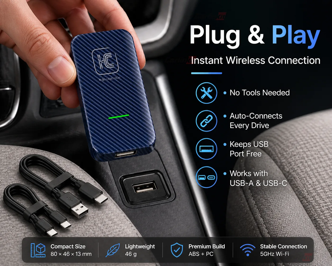 Carlinkit AutoKit Link CH Wireless CarPlay & Android Auto Adapter - Plug & Play Wireless Connection