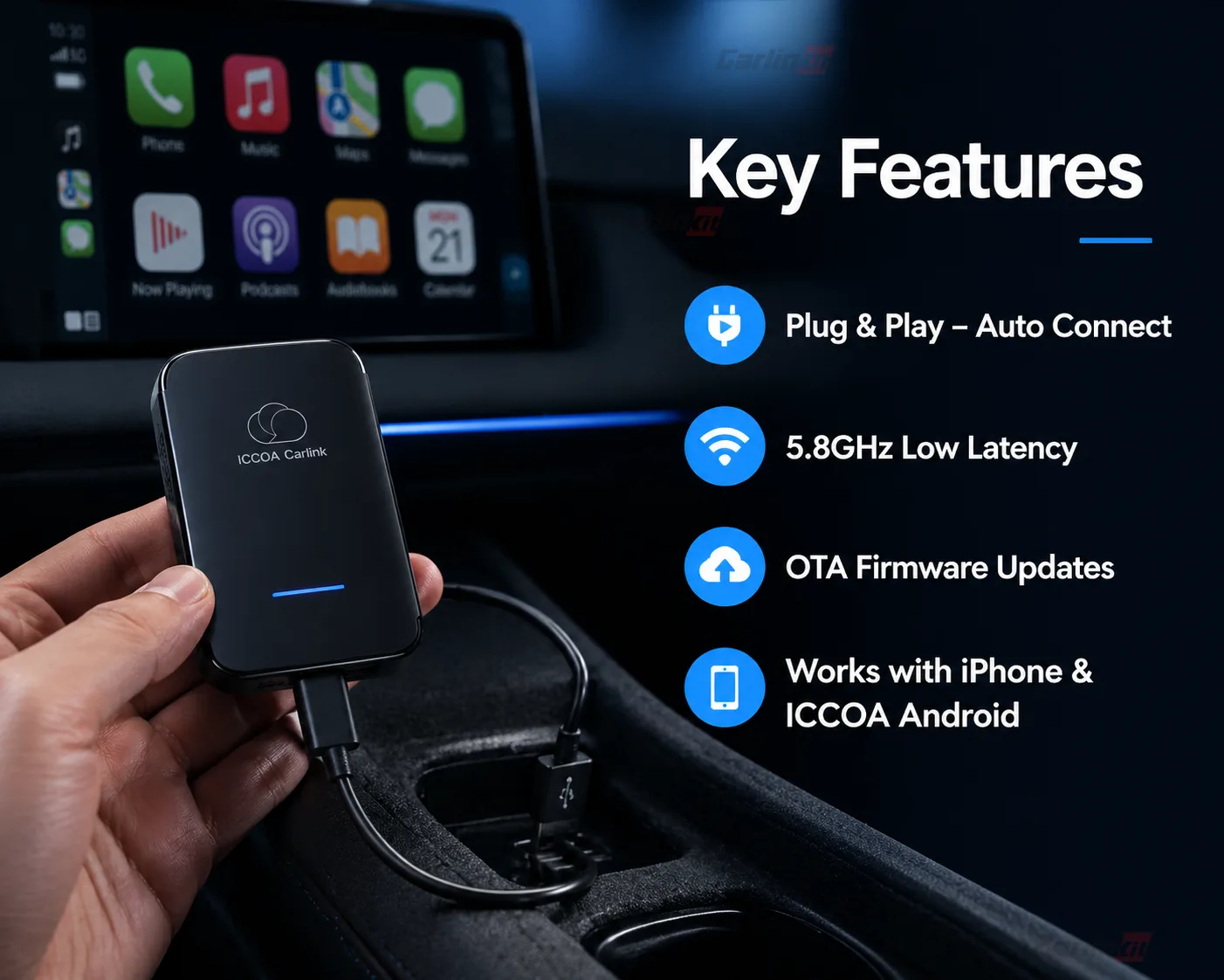 Carlinkit AutoKit Link CICA Wireless CarPlay & Android Auto Adapter - Key Features