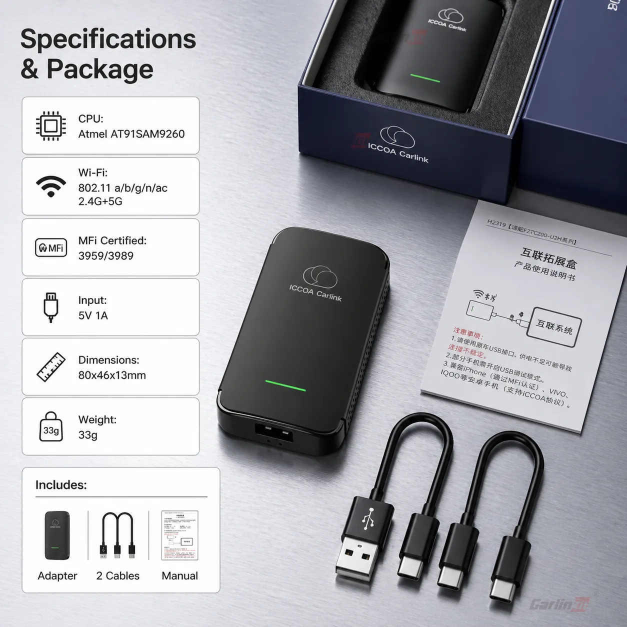 Carlinkit AutoKit Link CICA Wireless CarPlay & Android Auto Adapter - Specifications & Package Contents