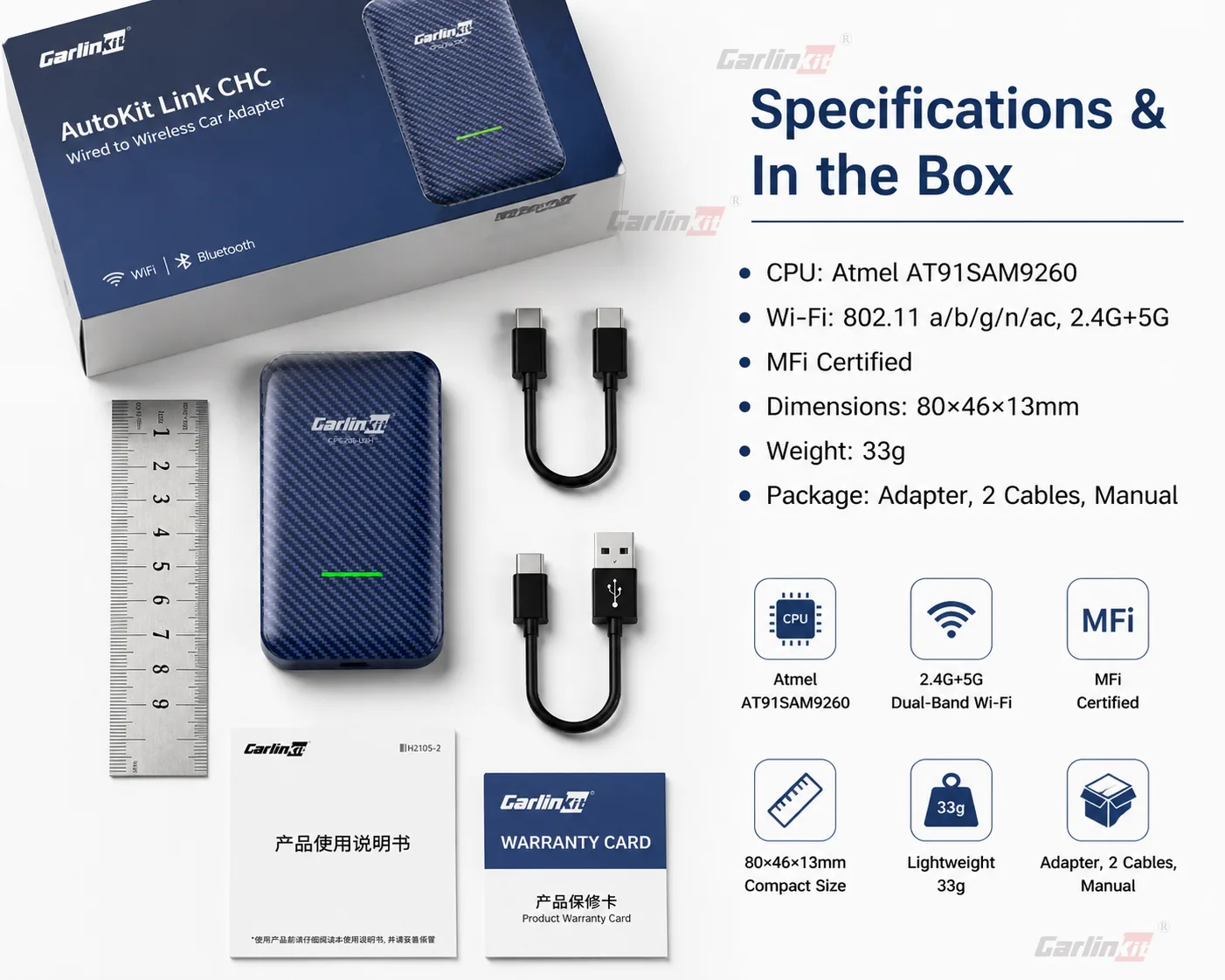 Carlinkit AutoKit CHC Wireless CarPlay & Android Auto Adapter - Specifications & Package Contents