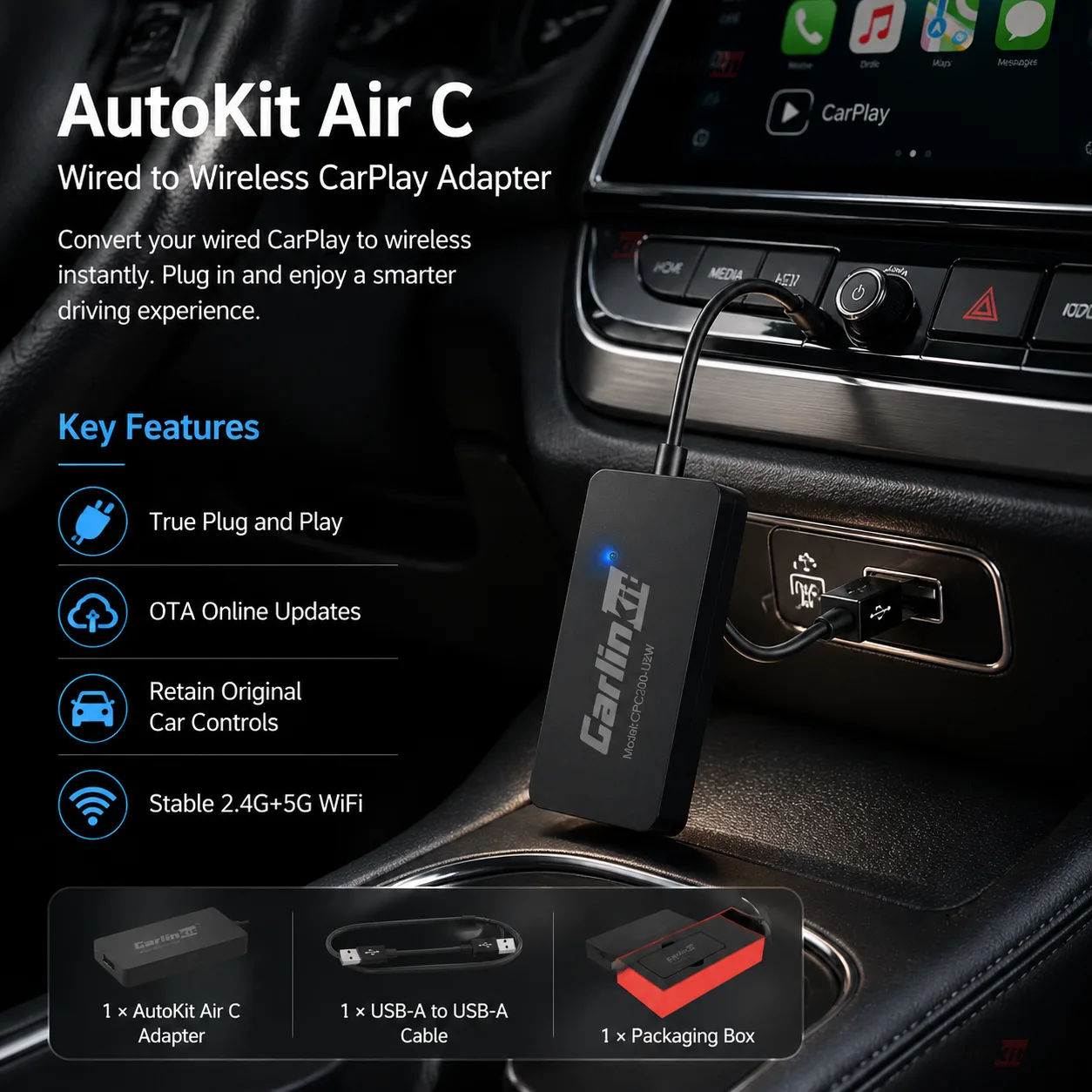 Carlinkit AutoKit Air C Wireless CarPlay & Android Auto Adapter - Key Features